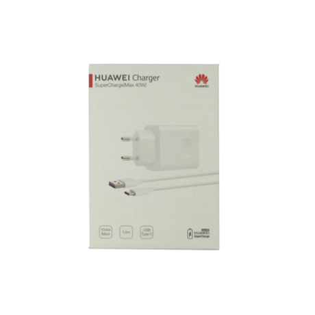 Комплект оригинален USB адаптер Huawei HW100400E00 и оригинален Type-C кабел CP84 Super Charge, Бял
