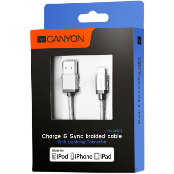 USB Кабел Canyon CNS-MFIC3 Lightning, MFI, certified by Apple, 1M, Тъмно сив