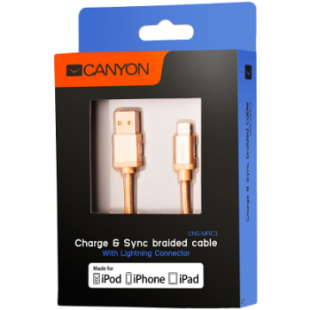 USB Кабел Canyon CNS-MFIC3 Lightning, MFI, certified by Apple, 1M, Golden