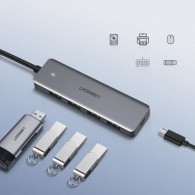 Хъб Ugreen USB - 4x USB 3.2 Gen 1, HUB със micro USB power port (CM219 70336), Сив