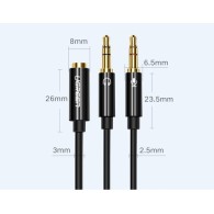 Кабел Ugreen 3,5mm mini jack (female) - 2x 3,5mm mini jack (male - microphone, headphones) AUX cable (AV140 20899), Черен