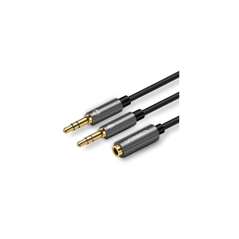 Кабел Ugreen 3,5mm mini jack (female) - 2x 3,5mm mini jack (male - microphone, headphones) AUX cable (AV140 20899), Черен