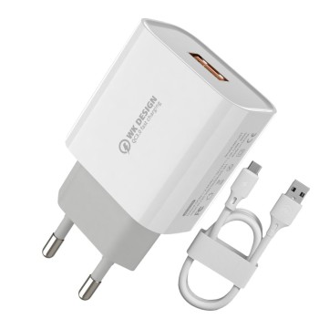 Зарядно WK Design Quick Charge 3.0 2x USB 18 W + Lightning кабел, Бял (WP-U57)