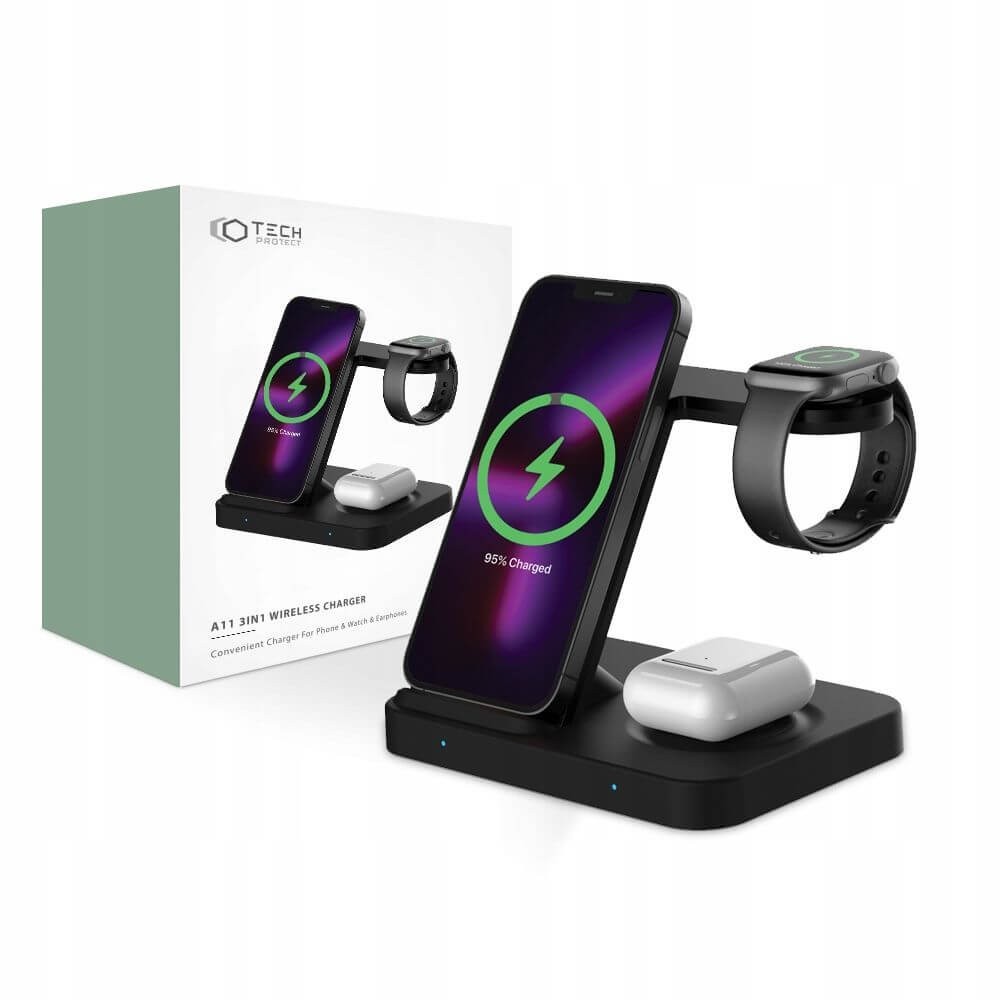 Докинг станция TECH-PROTECT A11 3в1 WIRELESS CHARGER, Черен