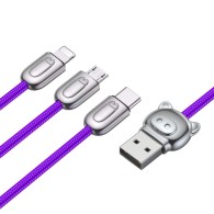 Кабел Baseus Three Little Pigs - micro USB, Lightning, USB-C, 3.5A 1.2M, Лилав