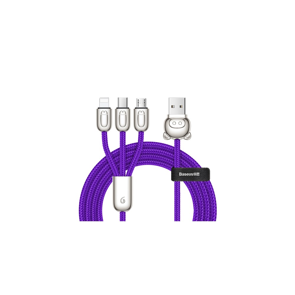 Кабел Baseus Three Little Pigs - micro USB, Lightning, USB-C, 3.5A 1.2M, Лилав