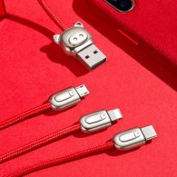 Кабел Baseus Three Little Pigs – micro USB, Lightning, USB-C, 3.5A 1.2M, Червен