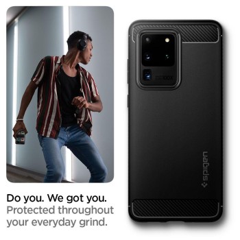 Spigen Rugged Armor удароустойчив силиконов (TPU) калъф за Samsung Galaxy S20 Ultra, Matte Black