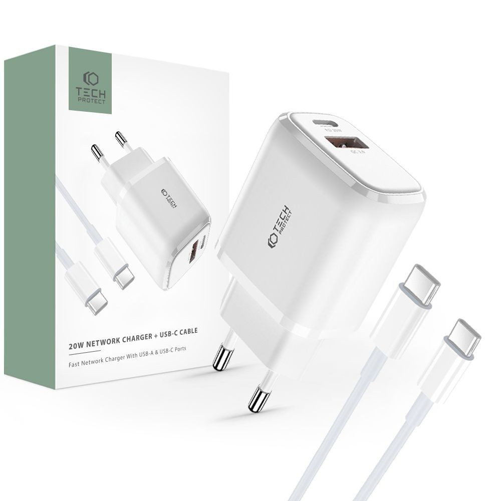 Зарядно Tech-Protect C20W, PD20W / QC3.0 + USB-C Към USB-C кабел, White