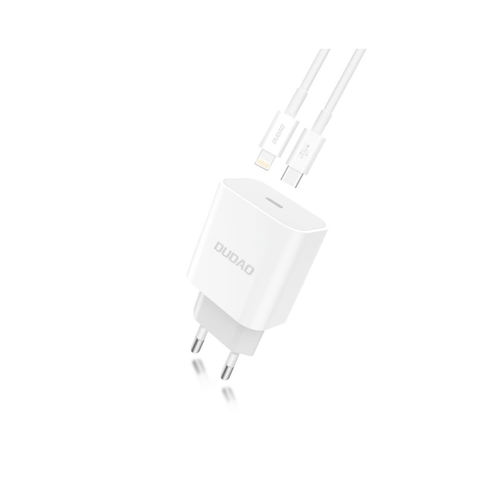 Зарядно устройство Dudao Premium A8EU Quick Charger USB Type C Power 18W + PD Lightning Charging Кабел, Бял