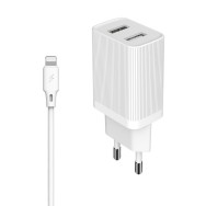 Мрежово зарядно устройство Kingkong adapter 2x USB 2.1A + Lightning Кабел 1M, Бял