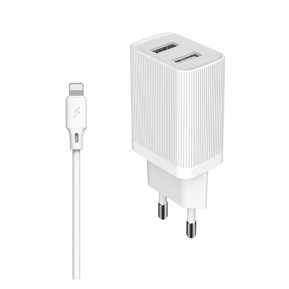 Мрежово зарядно устройство Kingkong adapter 2x USB 2.1A + Lightning Кабел 1M, Бял