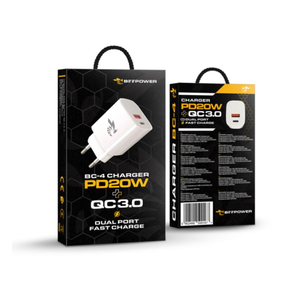 Зарядно BeePower BC-4, 20W, USB-C + USB3.0, White