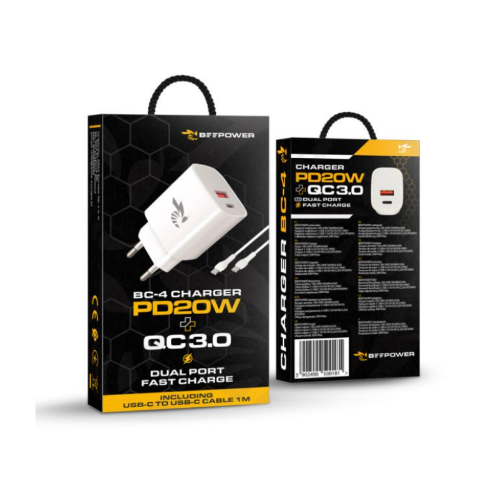 Зарядно BeePower BC-4, 20W, USB-C + USB3.0 + USB-C Към USB-C кабел, White