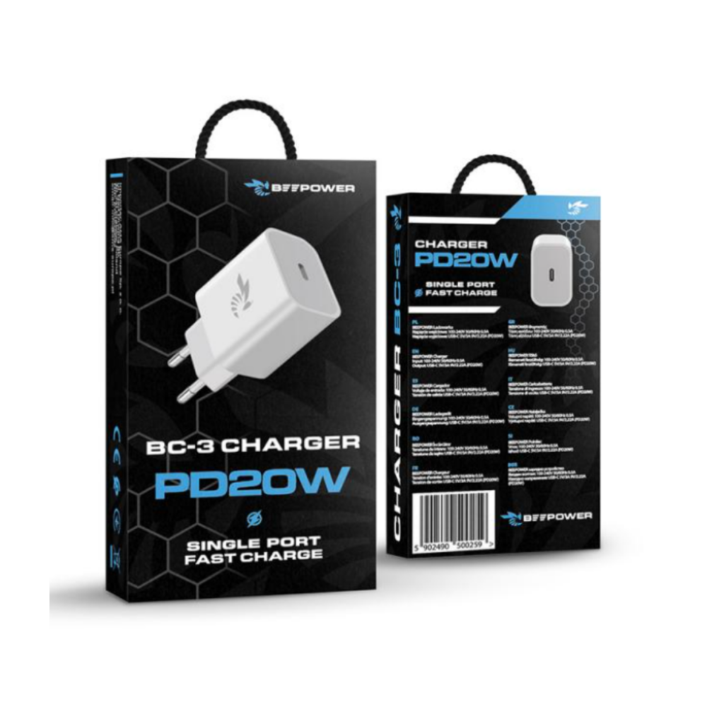 Зарядно BeePower BC-3, 20W, PD, USB-C, White