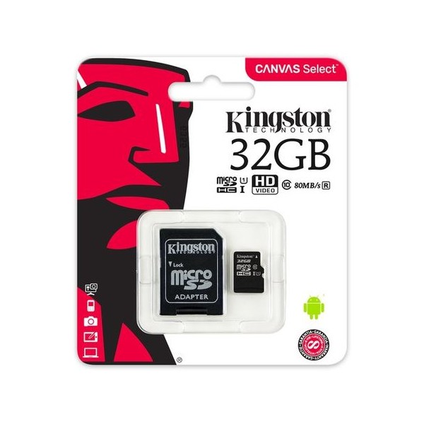 Карта памет Kingston 32GB microSDHC Class 10 80MB/s Read Card + SD Адаптер