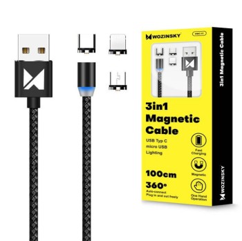 Wozinsky Magnetic кабел с магнитен накрайник с USB-C, MicroUSB и Lightning конектор