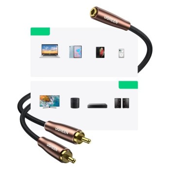 Аудио кабел Ugreen 3,5 mm mini jack (female) - 2RCA (male) 1m. (AV198 50130), Кафяв
