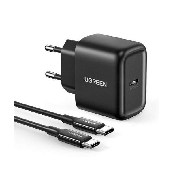Адаптер + кабел Ugreen USB travel wall charger Type C, 25W, 2M. (50581), Черен