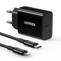 Адаптер + MFI кабел Ugreen USB travel wall charger PD, 20W (50799), Черен