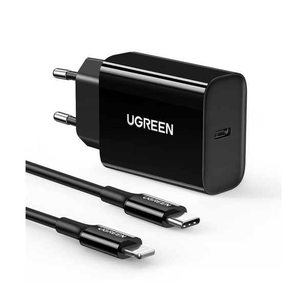 Адаптер + MFI кабел Ugreen USB travel wall charger PD, 20W (50799), Черен