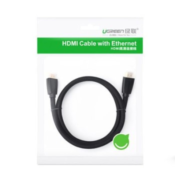 Кабел Ugreen High End HDMI 2.0 nylon braided 4K, 60Hz, 3D, 18Gbps, HDR, ARC Ethernet (HEC) 48 bit 1,5m. (HD118 40409), Черен