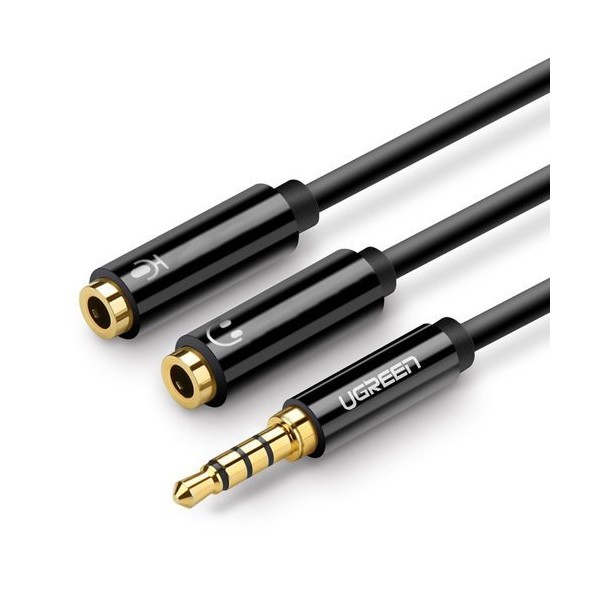 Адаптер Ugreen 3,5 mm mini jack AUX splitter adapter cable with microphone plug 20 cm (AV141 30620), Черен