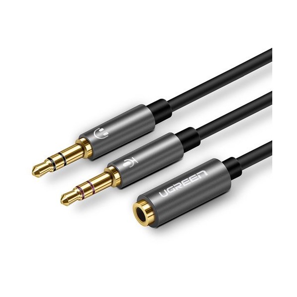 Кабел Ugreen 3,5mm mini jack (female) - 2x 3,5mm mini jack (male - microphone, headphones) AUX cable (AV140 20899), Черен