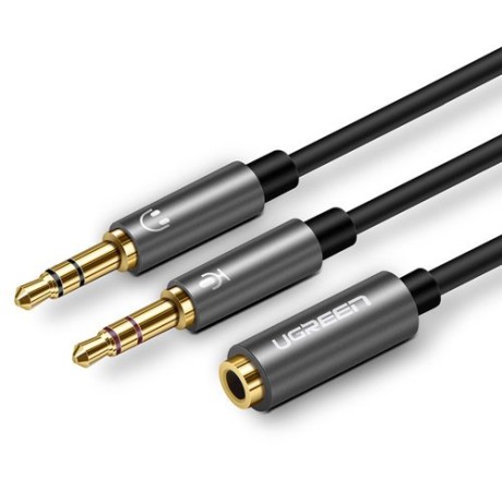 Кабел Ugreen 3,5mm mini jack (female) - 2x 3,5mm mini jack (male - microphone, headphones) AUX cable (AV140 20899), Черен