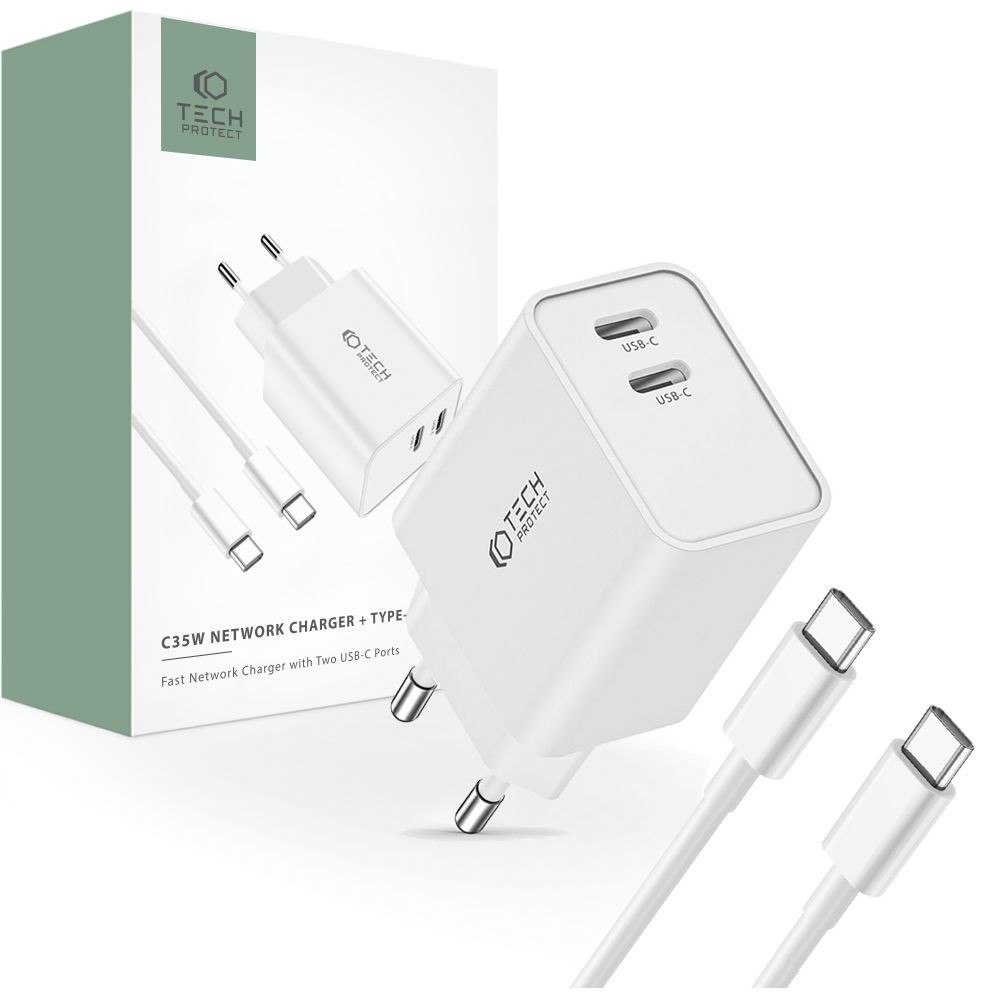 Зарядно Tech-Protect C35W, 2-Port, PD 35W + USB-C, White