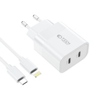 Зарядно Tech-Protect C20W, 2-Port, PD 20W + USB-C Към Lightning Кабел , White