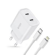 Зарядно Tech-Protect C20W, 2-Port, PD 20W + USB-C Към Lightning Кабел , White