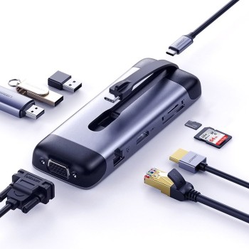 Мултифункционален хъб 9в1 Ugreen USB Typ C - HDMI / 3x USB 3.2 Gen 1 / card reader SD micro SD / VGA / RJ45 / USB Typ C Power De