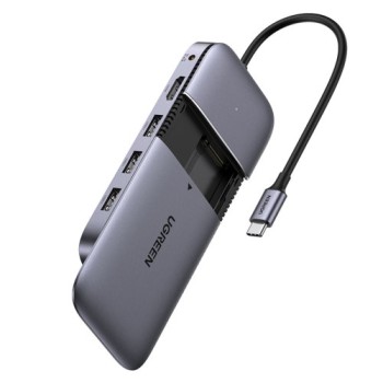 Мултифункционален хъб 6в1 Ugreen USB Type C - 3x USB 3.2 Gen 2 (10Gbps) / HDMI 4K 60Hz / USB Type C PD / DC pocket SATA M.2 SSD 