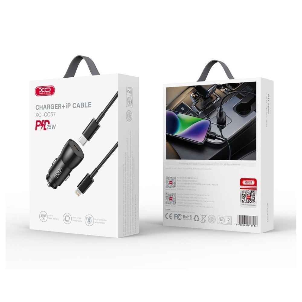 XO CC57 PD 25W - зарядно за кола с 1X USB-C изход + USB-C Към Lightning кабел