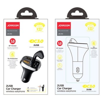 Безжични слушалки+ зарядно за кола Joyroom, 2x USB, Bluetooth 5.0, 30W, QC3.0 (JR-CP2), Бял