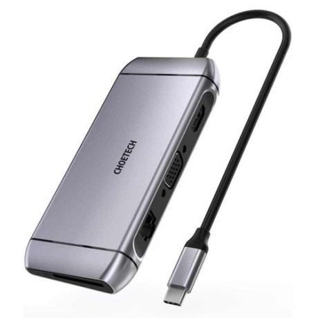 Мултифункционален хъб 9в1 Choetech USB Type C - 3x USB, 3.2 Gen 1 / SD, TF memory card reader / HDMI 4K 30Hz / VGA Full HD 60Hz 