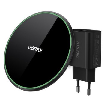 Безжично зарядно Choetech 15W за телефон/ слушалки + USB Type C кабел + Адаптер 18W (T559-F), Черен