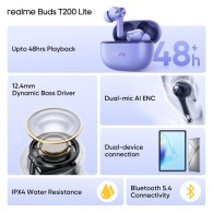 Слушалки Realme Buds T200 Lite, Wireless in-Ear Earbuds, Bluetooth, Aurora Purple
