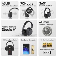 Слушалки Realme Techlife Studio H1, Ear Over Wireless, 360° Spatial Audio, Bluetooth, Black