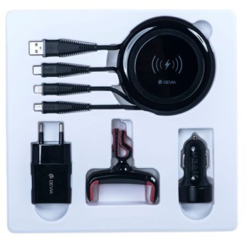 Комплект зарядно устройство DEVIA Non-pole Gift Pack, Wireless Charger / 3in1 кабел / стойка за кола / Адаптор за кола / Адаптор