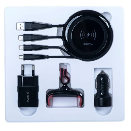 Комплект зарядно устройство DEVIA Non-pole Gift Pack, Wireless Charger / 3in1 кабел / стойка за кола / Адаптор за кола / Адаптор